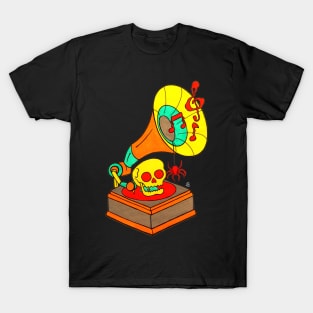 Creepy Gramophone - Retro Colored Vinyl Record Player With a Skull And a Spider T-Shirt